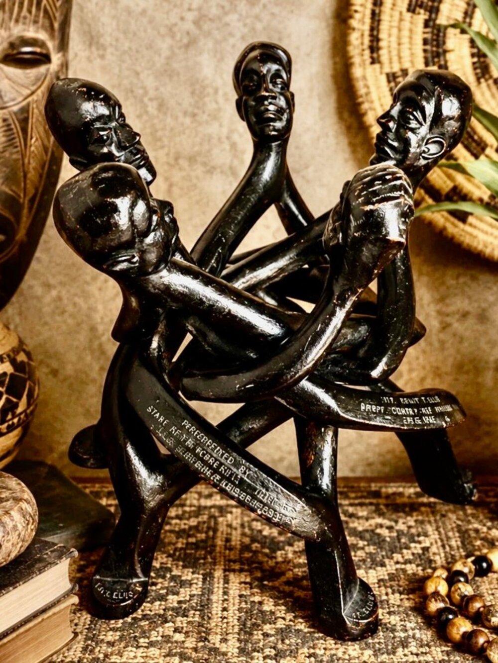 RARE Nigerian Hand Carved Unity Circle Sculpture Africare Gift 17" SIGNED